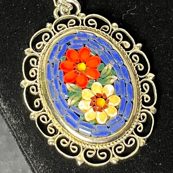 Vintage Micro Mosaic Floral Art Tiles in‎ Filigree Silver Pendant Necklace Italy - Picture 3 of 4
